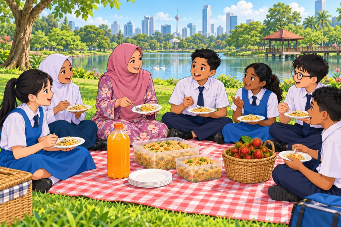 Form 1 students and their teacher having a picnic by a lake