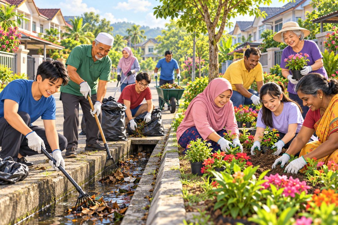 Neighbours cleaning a drain and planting flowers along their road