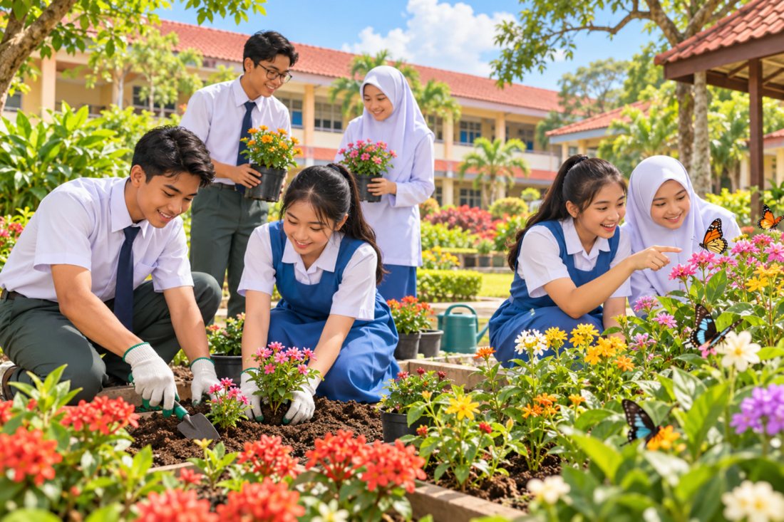 Students planting flowers and watching butterflies in the school garden