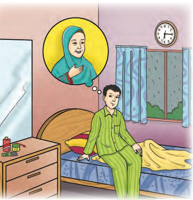 Seorang pemuda berbaju tidur duduk di katil sambil teringat akan ibunya; di luar tingkap hujan turun