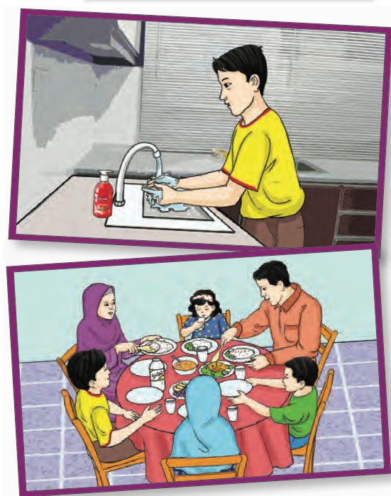 Seorang remaja mencuci tangan di sinki dan sebuah keluarga makan bersama