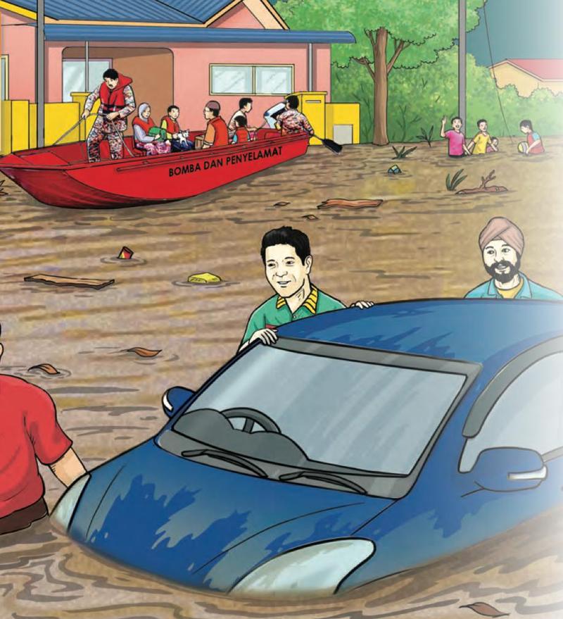 Bot bomba menyelamatkan sebuah keluarga ketika banjir, beberapa lelaki menolak kereta yang tenggelam di dalam air