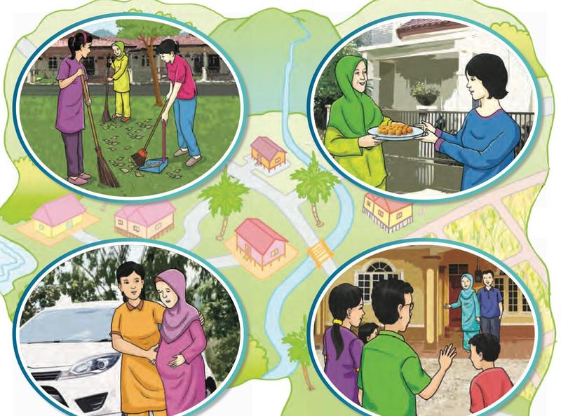 Empat gambar kejiranan: bergotong-royong menyapu halaman, memberi juadah kepada jiran, memapah jiran ke kereta, mengunjungi rumah jiran