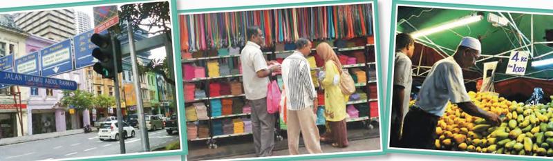 Tiga foto: papan tanda Jalan Tunku Abdul Rahman, pembeli di kedai kain, peniaga buah di gerai