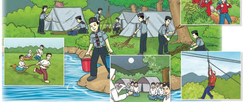 Murid berpakaian pengakap memasang khemah, menyapu daun dan mengangkat air di tepi sungai; gambar kecil menunjukkan meredah hutan, sukaneka, taklimat malam dan flying fox
