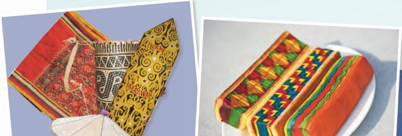 Kraf tangan Sarawak seperti kain tenun, bakul dan terendak, serta tiga potong kek lapis Sarawak berwarna-warni
