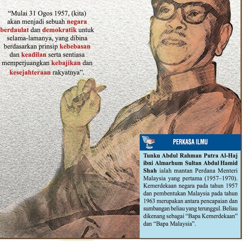 Lukisan Tunku Abdul Rahman dengan petikan kata-katanya tentang negara berdaulat dan demokratik, serta kotak maklumat ringkas