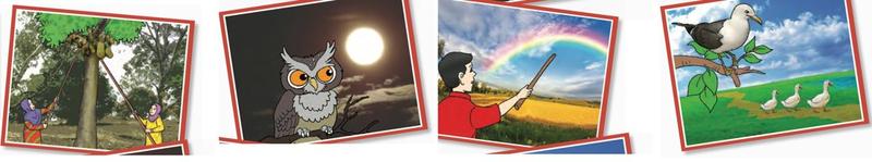 Empat gambar pantun: mengait cempedak, burung hantu di bawah bulan, pelangi ditunjuk, burung camar dan itik