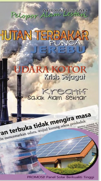 Kulit majalah alam sekitar: asap cerobong kilang, kesesakan kereta dan panel solar di atas bumbung