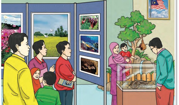 Ilustrasi keluarga dan murid melihat gambar foto, lukisan dan bekas kaca berisi ular di sebuah pameran
