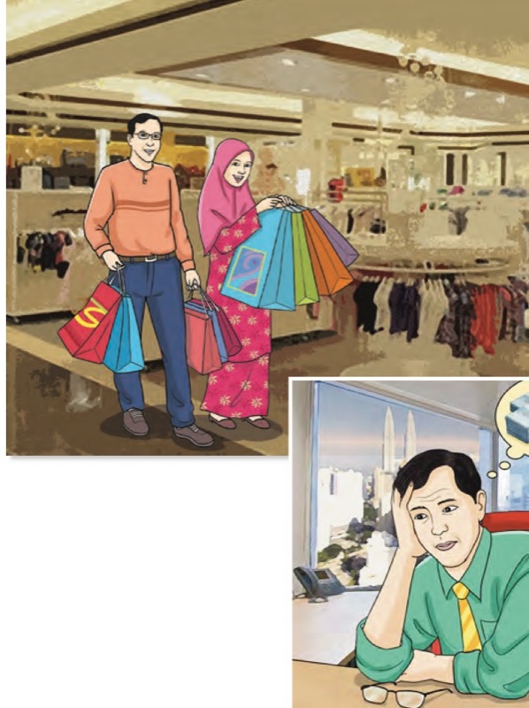 Pasangan suami isteri membawa banyak beg beli-belah di pusat membeli-belah, dan seorang lelaki termenung memikirkan wang