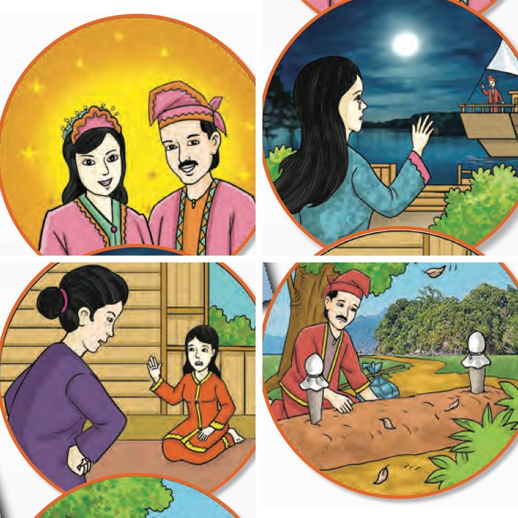 Empat ilustrasi kisah Mahsuri: perkahwinan, isteri melambai suami di jeti, ibu mentua memarahi menantu, dan seorang lelaki di sisi makam