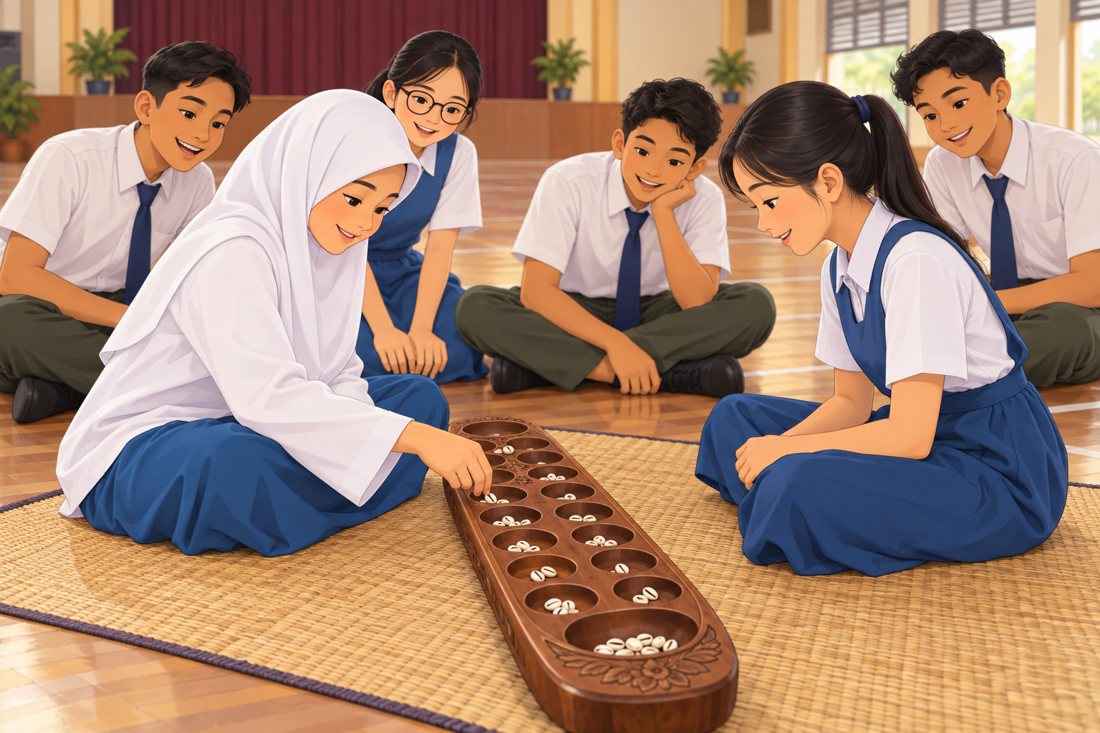 Dua orang murid perempuan bermain congkak di atas tikar di dewan sekolah sambil diperhatikan rakan-rakan