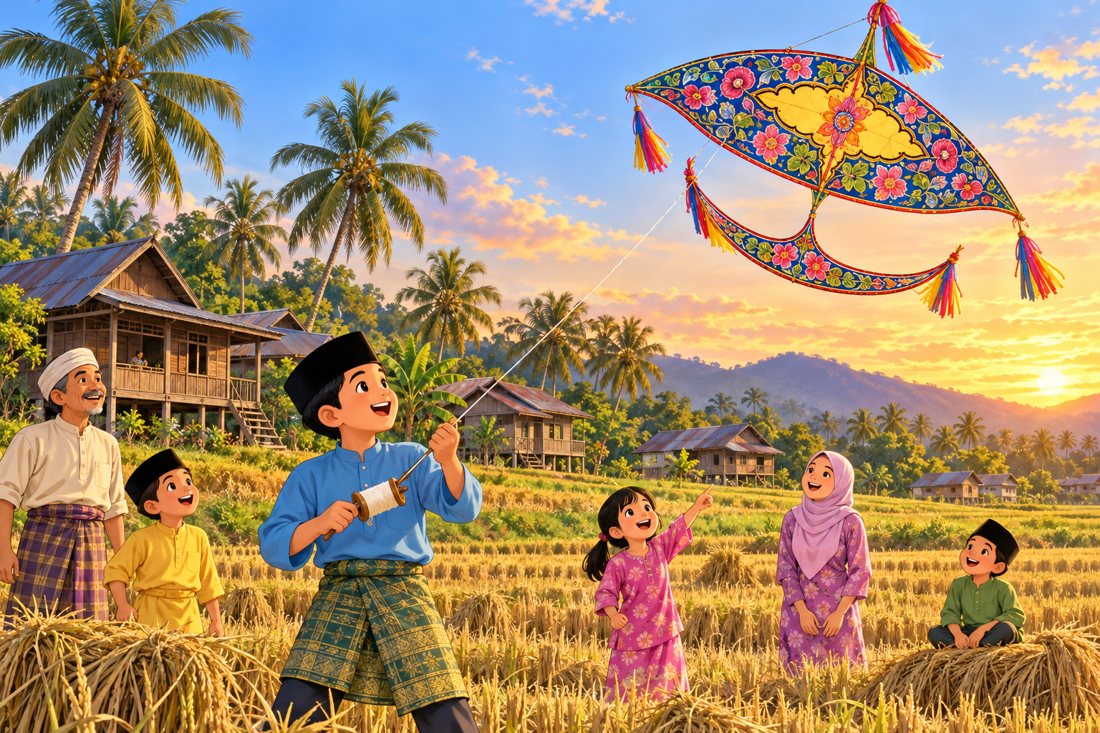 Penduduk kampung menerbangkan wau bulan yang berwarna-warni di atas sawah padi selepas menuai