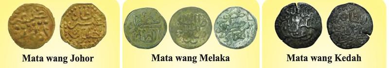 Duit syiling lama Johor berwarna emas, Melaka berwarna hijau kebiruan dan Kedah berwarna hitam