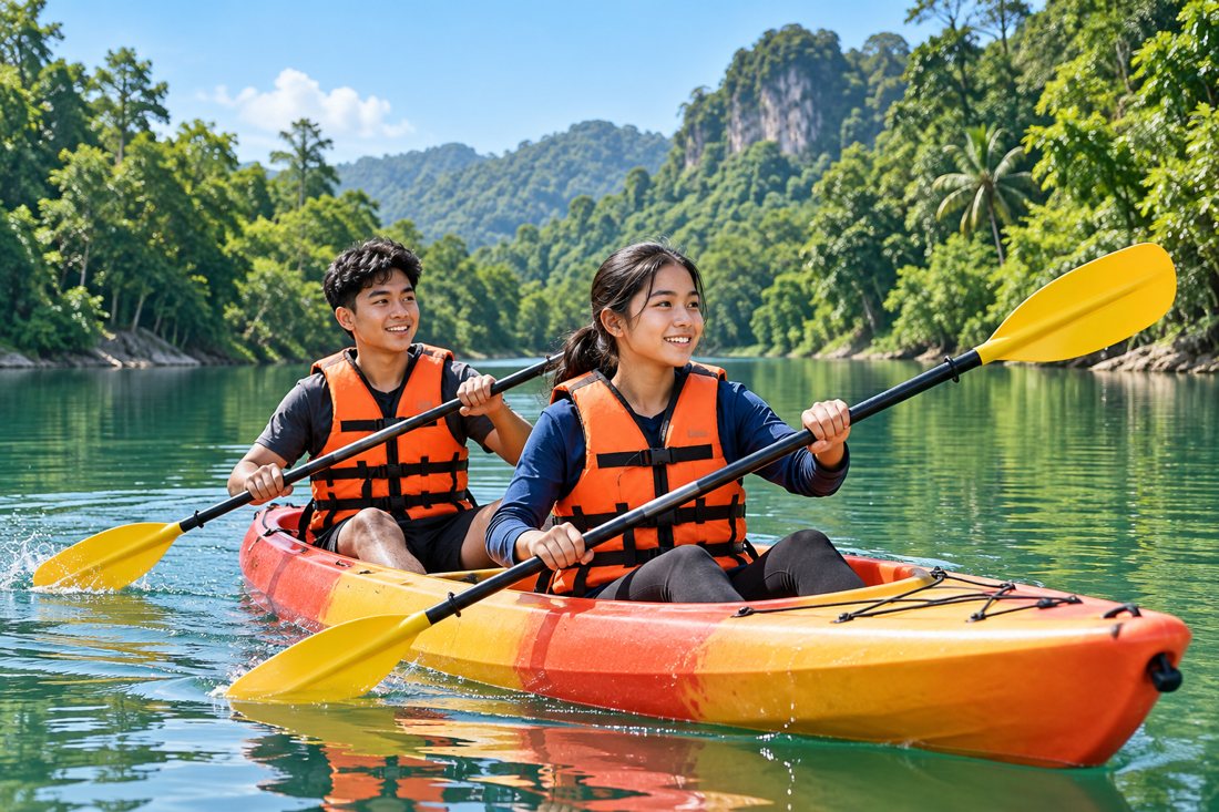 Dua orang remaja memakai jaket keselamatan mendayung kayak berdua di sebuah tasik