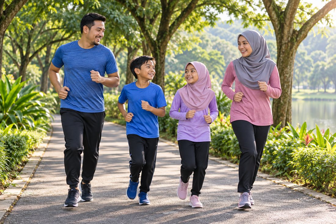 Sebuah keluarga berjoging bersama-sama di taman pada waktu pagi
