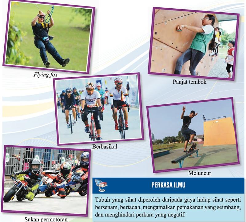 Foto aktiviti rekreasi: seorang lelaki meluncur pada tali flying fox, seorang murid memanjat tembok, sekumpulan penunggang basikal seorang remaja meluncur papan luncur dan kanak-kanak menunggang motosikal mini dalam sukan permotoran