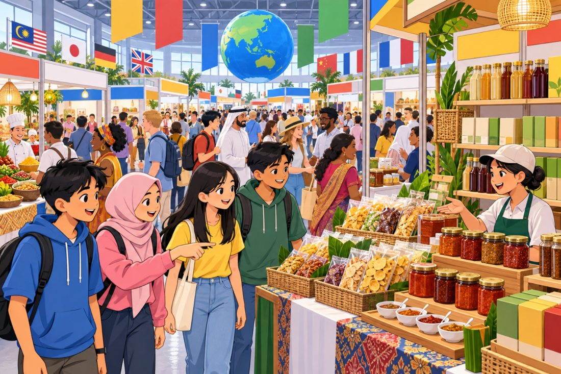 Remaja melawat gerai sambal, makanan ringan dan minuman herba di sebuah ekspo makanan antarabangsa