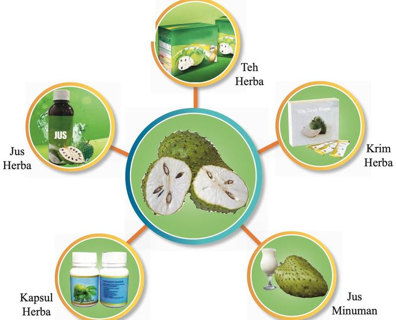 Buah durian belanda di tengah, dikelilingi produk teh, krim, jus dan kapsul herba