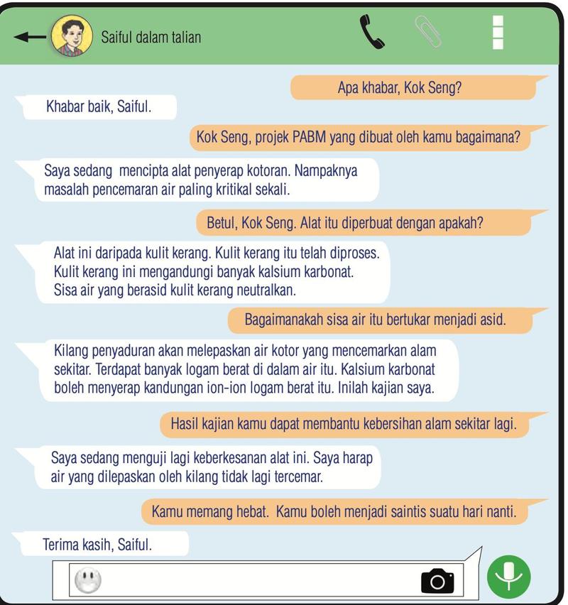 Paparan perbualan WhatsApp antara Saiful dan Kok Seng tentang alat penyerap kotoran daripada kulit kerang