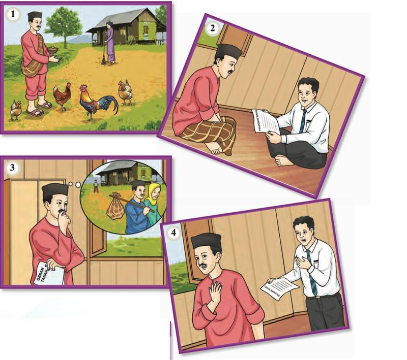 Empat gambar bersiri: Kaduk memberi ayam makan; seorang pegawai menawarkan pinjaman; Kaduk memegang geran tanah sambil membayangkan dia dan isterinya meninggalkan rumah; Kaduk menolak tawaran itu