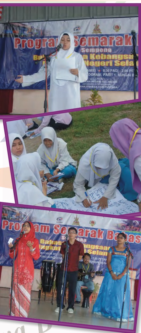 Murid berpidato, menulis di atas kain rentang dan membuat persembahan semasa program bahasa di sekolah