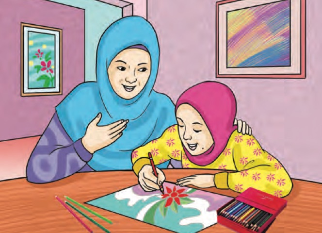 Seorang ibu memerhatikan anak perempuannya melukis di meja