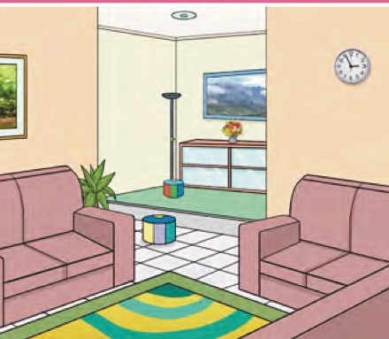 Ruang tamu yang siap dihias dengan sofa, permaidani dan lukisan
