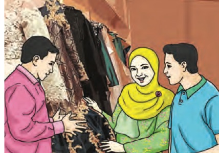 Seorang perancang majlis menunjukkan pakaian pengantin kepada dua orang pelanggan