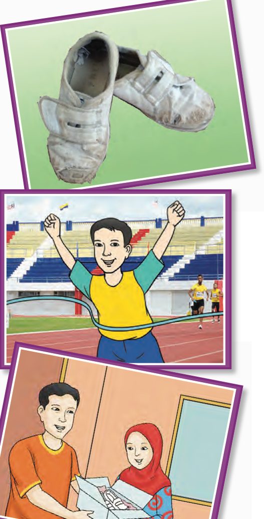 Sepasang kasut putih yang lusuh, seorang budak lelaki menang acara larian di stadium, dan budak lelaki itu menghadiahkan kotak kasut kepada adik perempuannya