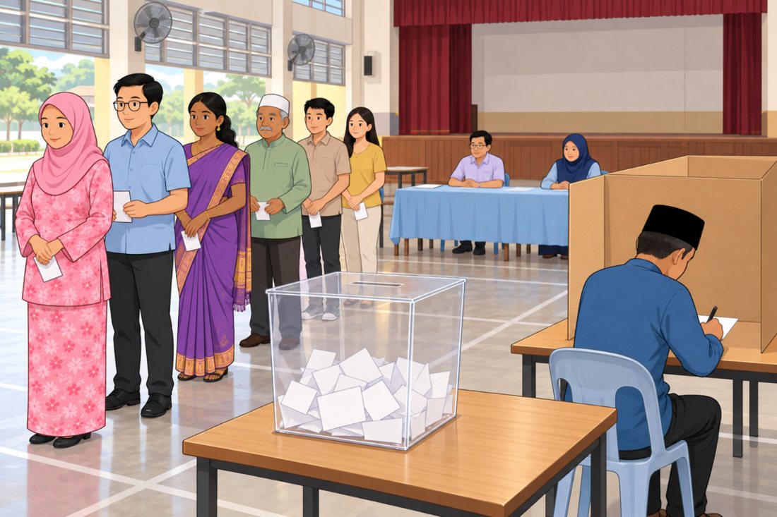 Rakyat pelbagai kaum beratur di pusat mengundi di dewan sekolah; seorang pengundi menanda kertas undi di petak mengundi