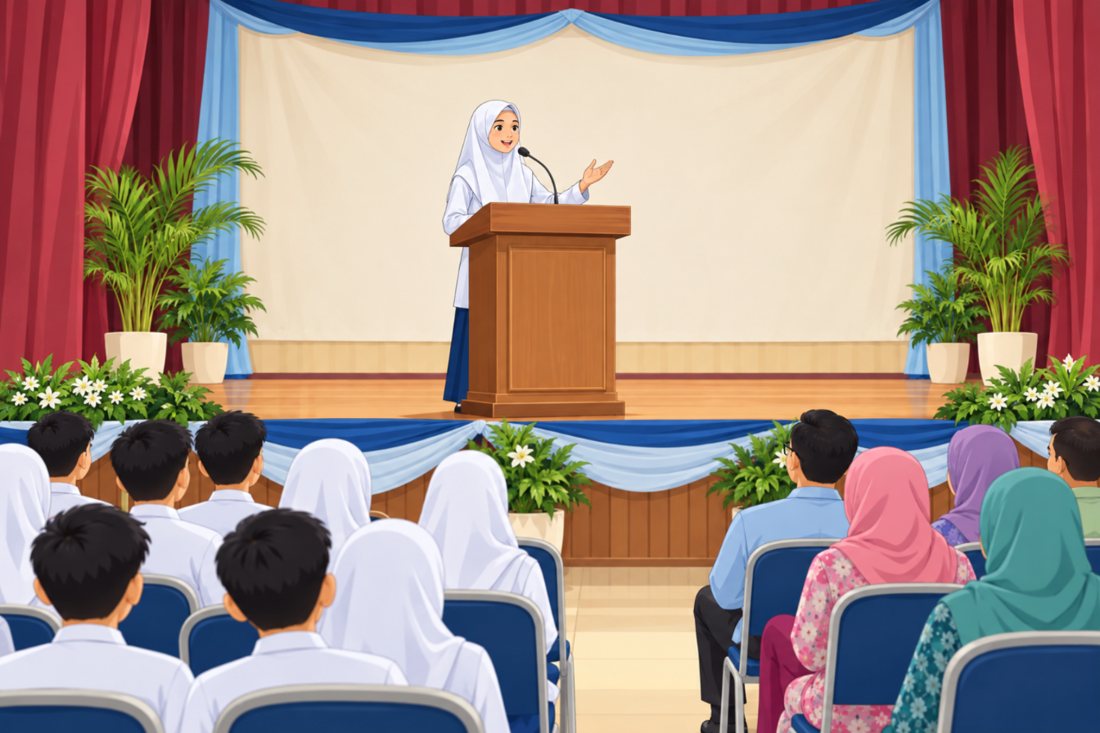 Seorang murid perempuan berpidato di rostrum di pentas dewan sekolah, diperhatikan murid dan guru