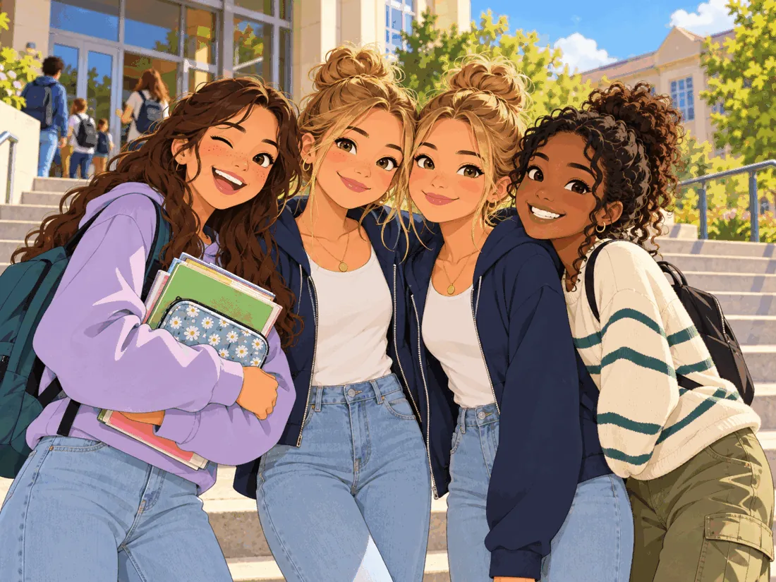 Four French teenage girls posing for a photo on school steps