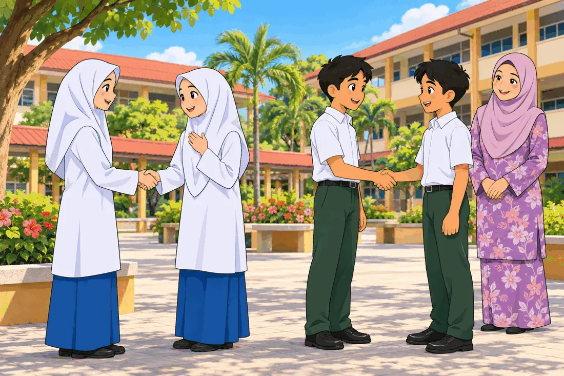 Pupils in a Malaysian school courtyard: two girls shake hands, two boys shake hands, a teacher watches