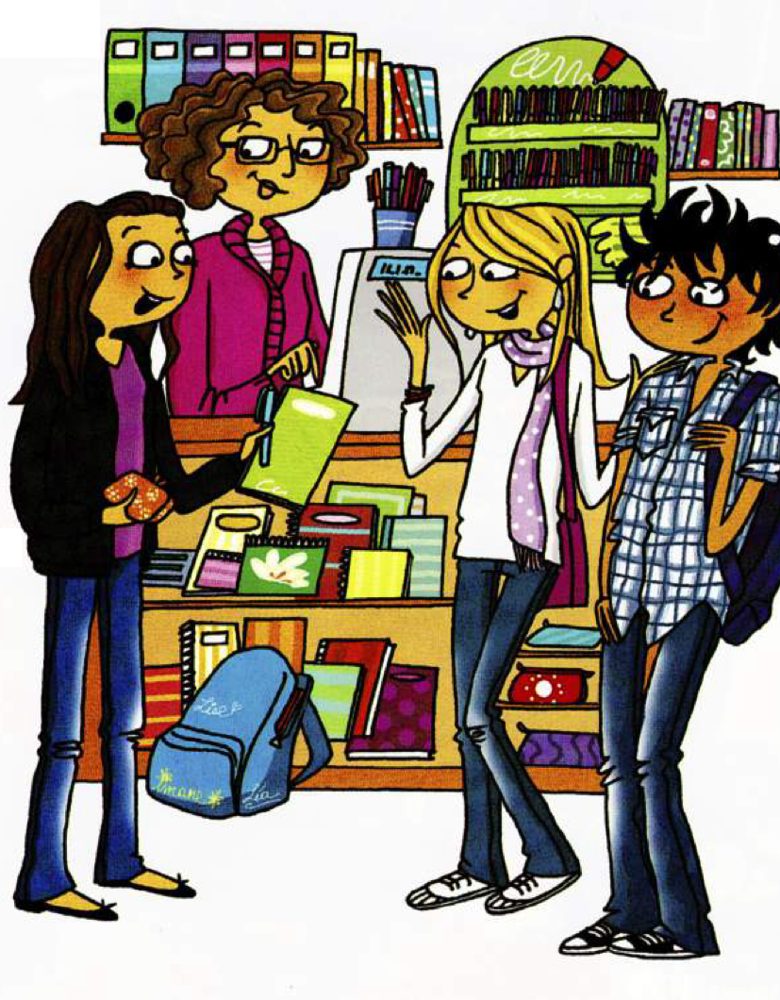 Cartoon of Lucille at the shop counter with the shop lady, Léa and Samuel