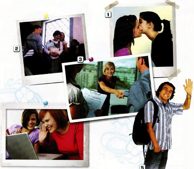 Five photos: two girls kissing on the cheek, a teacher with pupils, two adults shaking hands, two girls waving at a laptop, a boy waving