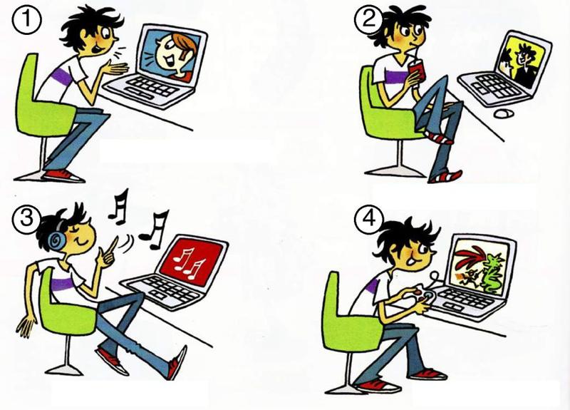 Four numbered drawings of a boy at a laptop: 1 chatting to a friend on screen, 2 watching a show with a drink, 3 listening to music with headphones, 4 playing a game with a controller