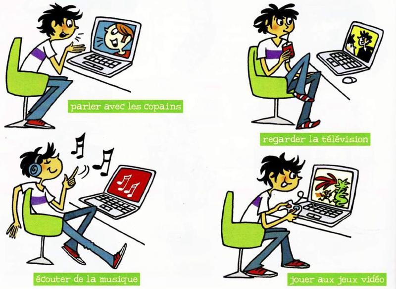 Four drawings of a boy at a laptop: chatting to a friend, watching a show, listening to music with headphones, and playing a video game