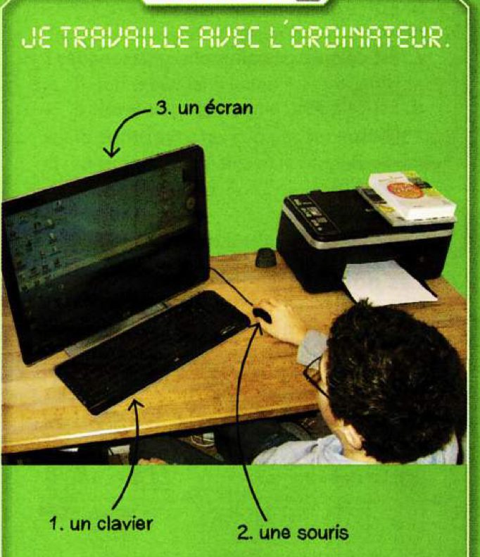 A boy at a desk using a computer, with arrows labelling the keyboard, the mouse and the screen