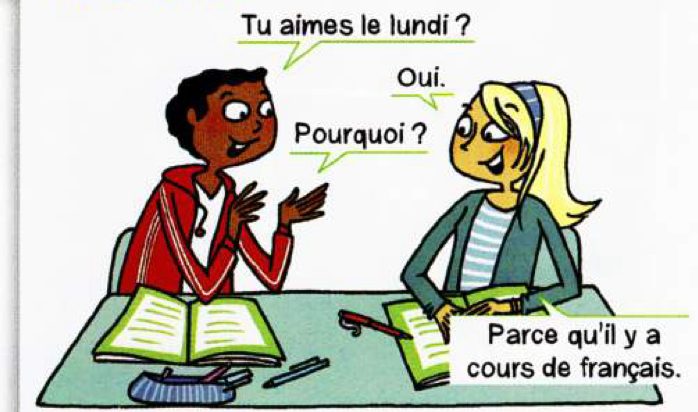 A boy and a girl at a classroom table: he asks if she likes Mondays and why; she answers because there is a French lesson