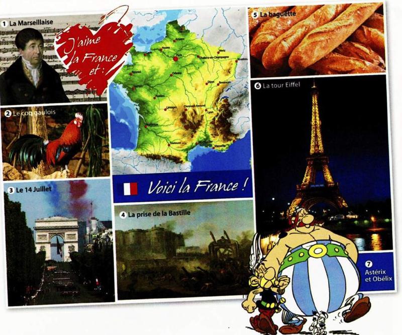 A collage of French symbols: a composer with sheet music, a rooster, a parade at the Arc de Triomphe, a painting of the Bastille, baguettes, the Eiffel Tower at night, a map of France and two cartoon Gauls