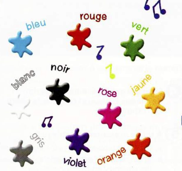Paint splashes in each colour with its name: bleu, rouge, vert, noir, blanc, rose, jaune, gris, violet, orange