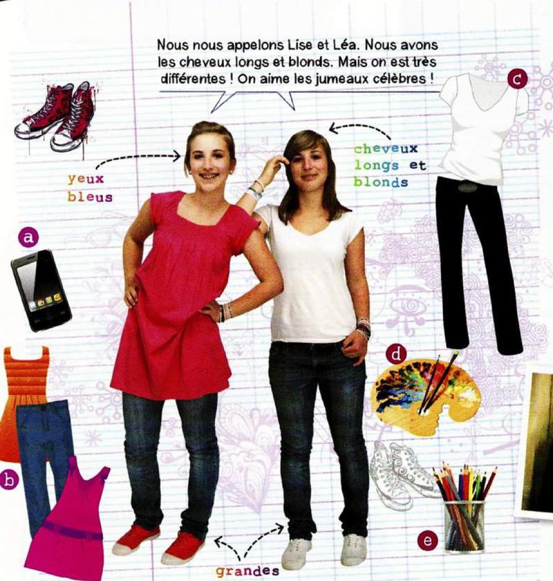 Lise and Léa standing side by side, labels yeux bleus, cheveux longs et blonds, grandes 1m68, with a phone, dresses, a white t-shirt, a paint palette and pencils around them