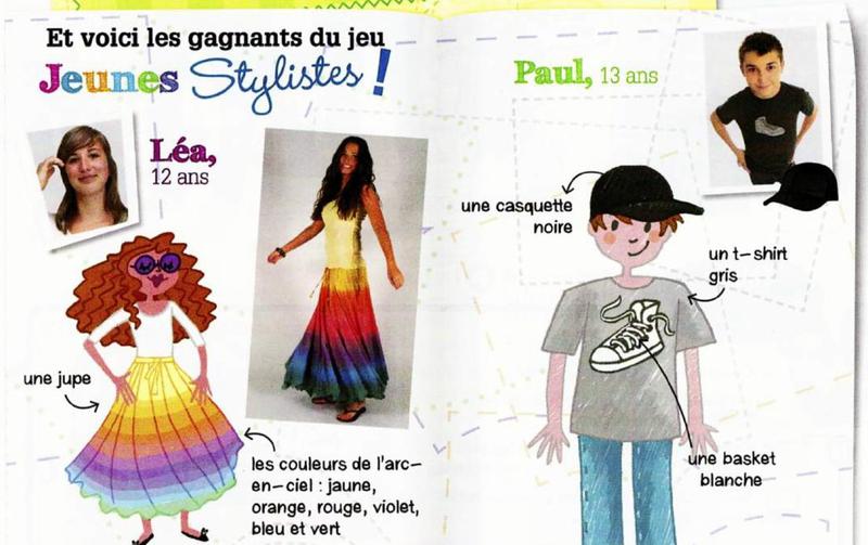 The winners of the Jeunes Stylistes game: Léa's drawing of a rainbow skirt, and Paul's drawing of a boy in a black cap, a grey t-shirt and a white trainer