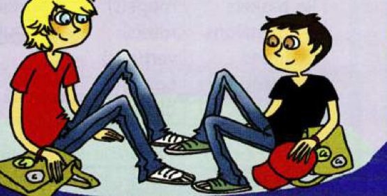 Cartoon: Tom, blond with glasses and a red t-shirt, sits facing Nino, who has dark hair, a black t-shirt and a red cap in his hand