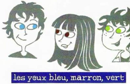 Three cartoon faces with blue, brown and green eyes