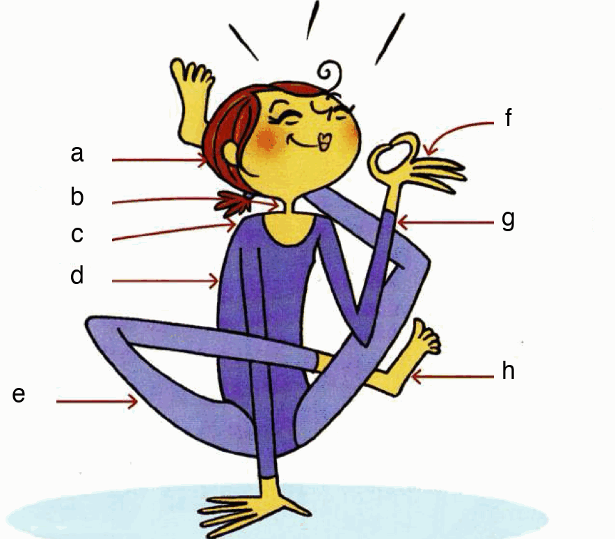 A cartoon girl with arrows to eight parts of her body, labelled a to h