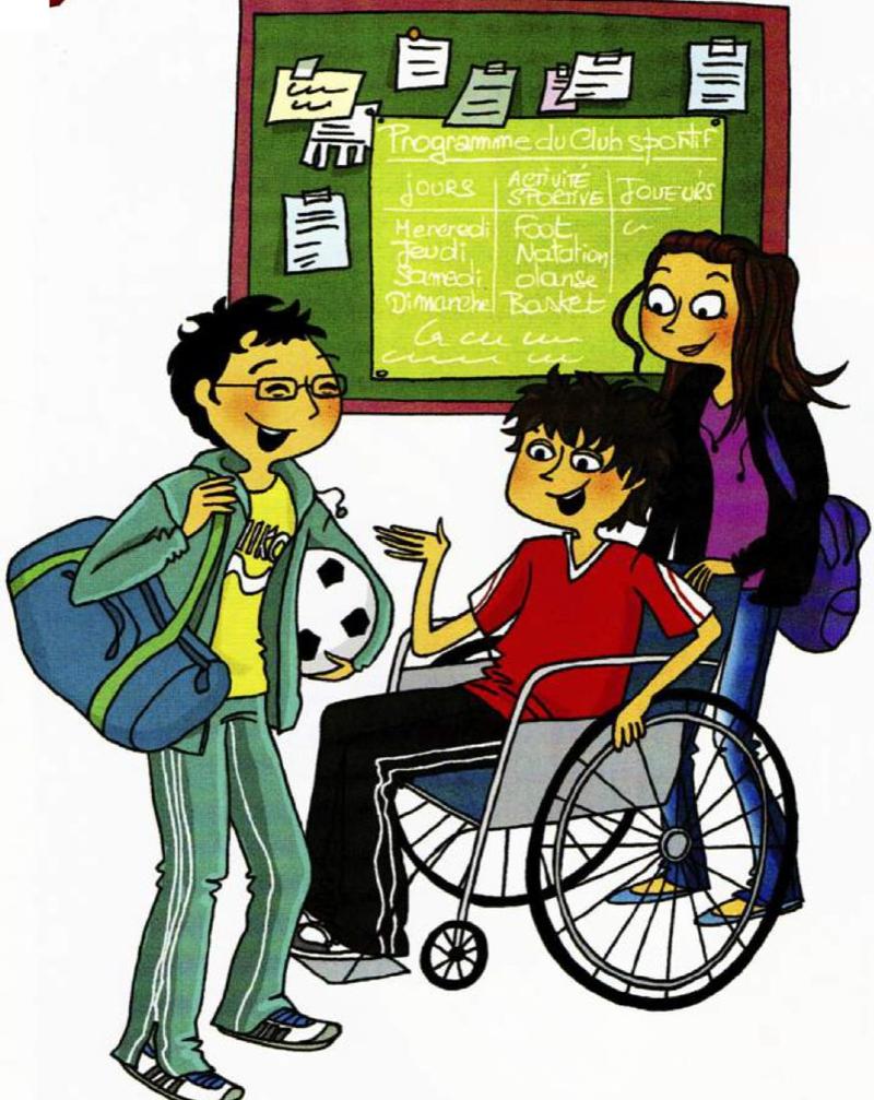 Xavier with a sports bag and a football, Loïc in a wheelchair and Lucille in front of the sports club notice board