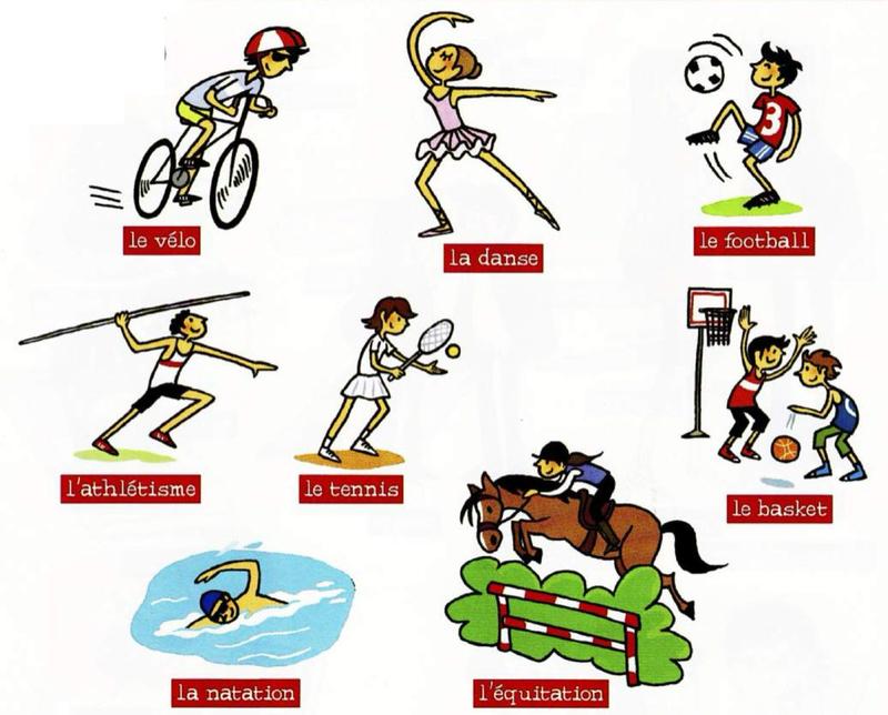Drawings of eight sports: cycling, dance, football, athletics, tennis, basketball, swimming and horse riding, each with its French name
